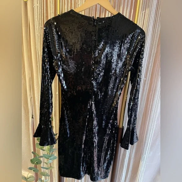 Michael Kors Black Sequin Dress XS bell sleeve cuff mini dress bodycon party - Picture 4 of 5